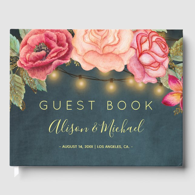 Blush pink roses navy blue string lights wedding guest book (Front)