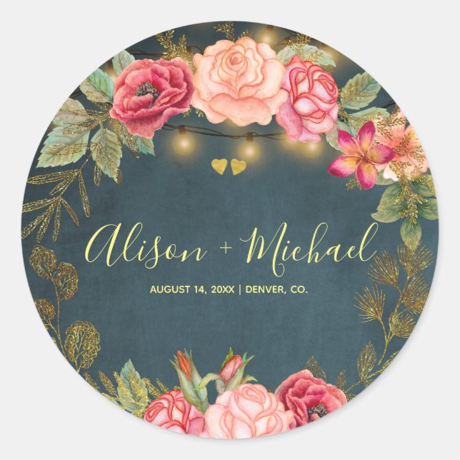 Blush pink roses navy chalkboard hearts wedding classic round sticker (Front)