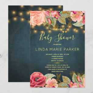 Blush pink roses navy gold lights baby shower invitation