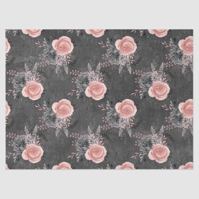 Blush Pink Roses on Charcoal Decoupage Tissue Paper (Front)