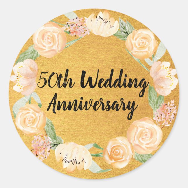 Blush Pink Roses on Gold 50th Wedding Anniversary Classic Round Sticker (Front)