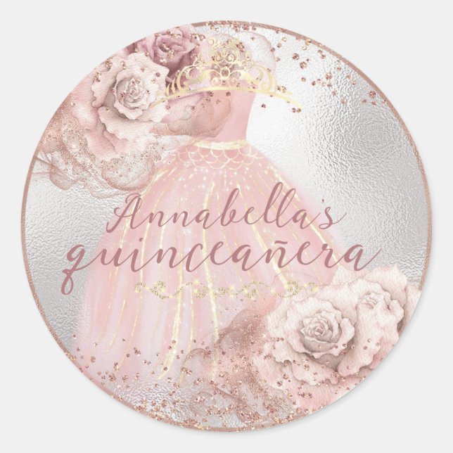 Blush Pink Roses on Silver Quinceañera Classic Round Sticker (Front)