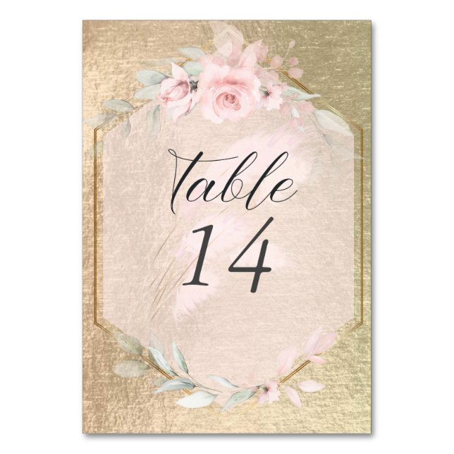 Blush Pink Roses Pink and Gold  Table Number (Front)