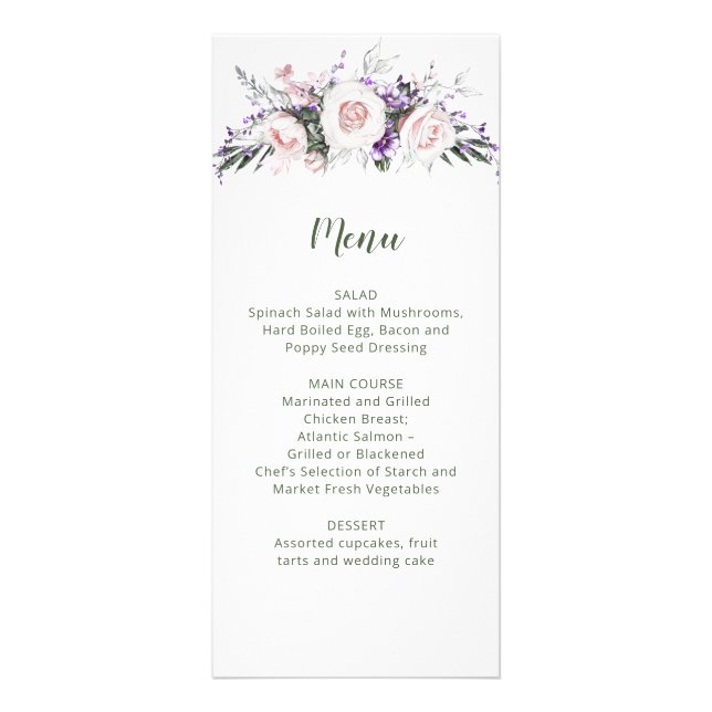 Blush Pink Roses Purple Wildflowers Wedding | Menu (Front)