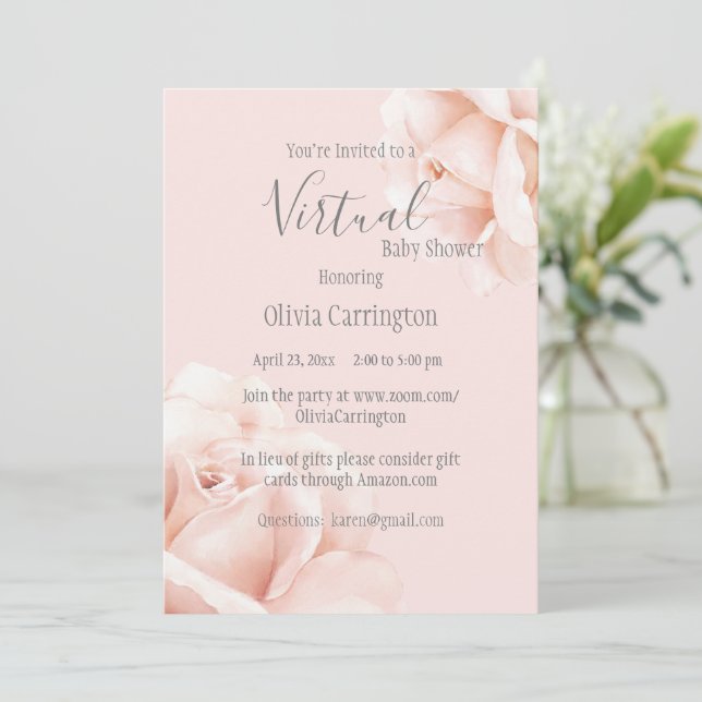 Blush Pink Roses Script Baby Shower by Virtual Invitation (Standing Front)