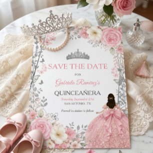 Blush Pink Roses Silver Quinceañera Save the Date