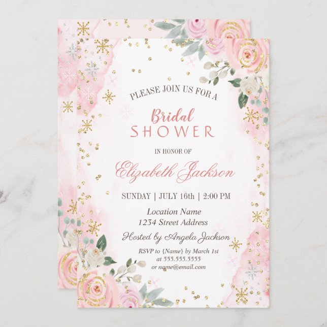 Blush Pink Roses Snowflakes Bridal Shower  Invitation (Front/Back)