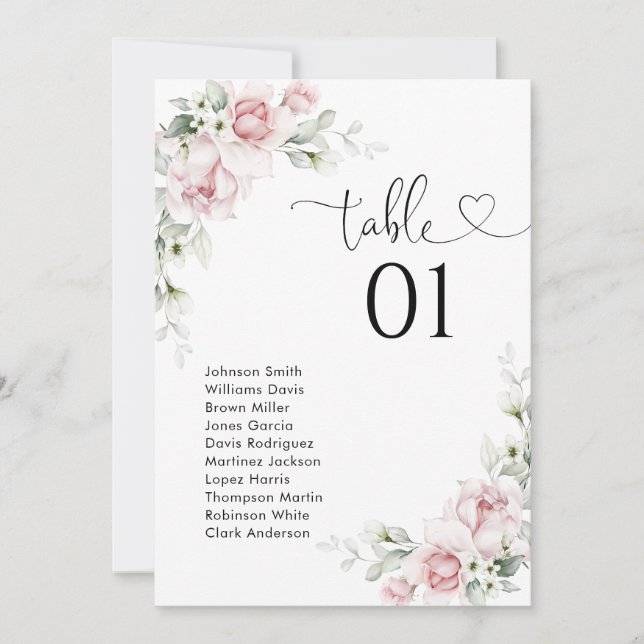 Blush Pink Roses Table Number Seating Chart (Front)