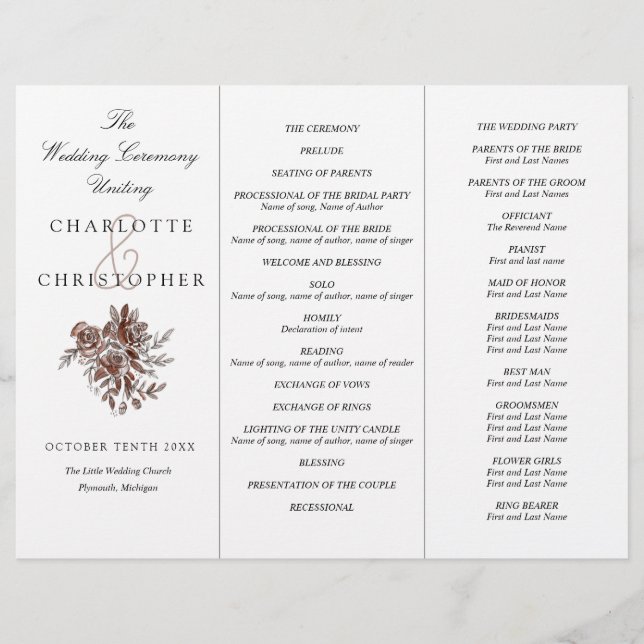 Blush pink roses Tri-Fold wedding program (Front)
