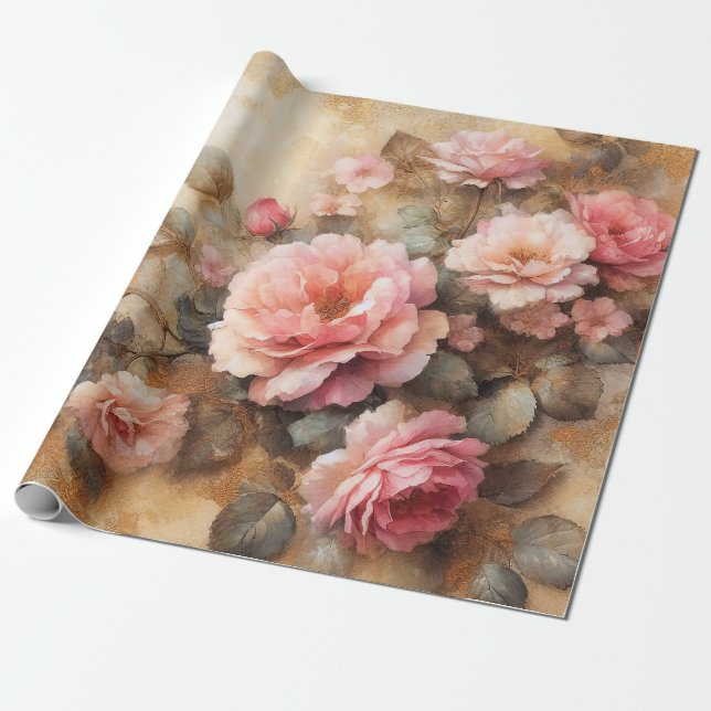 Blush Pink Roses Vintage Decoupage Wrapping Paper (Unrolled)