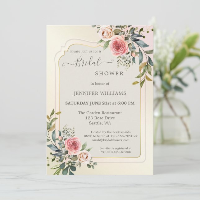 Blush Pink Roses Watercolor Bridal Shower Invitati Invitation (Standing Front)