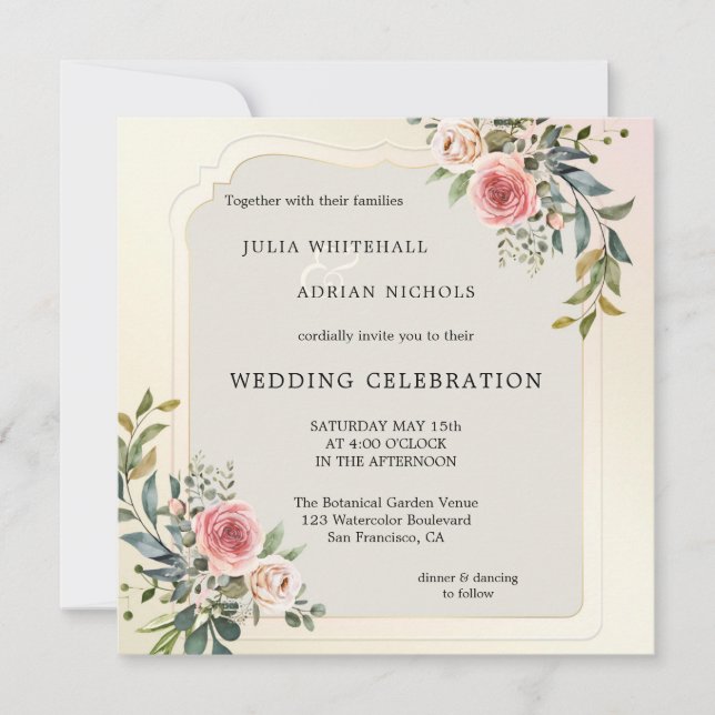Blush Pink Roses Watercolor Wedding Invitation (Front)