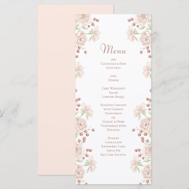 Blush Pink Roses Wedding Menus (Devant / Derrière)