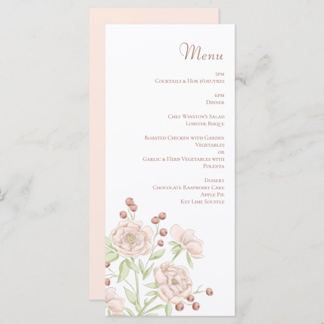 Blush Pink Roses Wedding Modern Menus (Devant / Derrière)