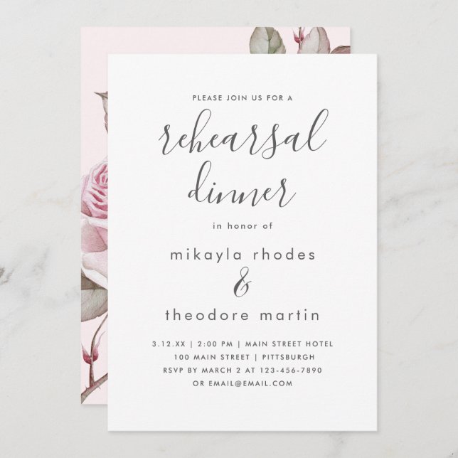 Blush Pink Roses Wedding Rehearsal Dinner Card (Front/Back)