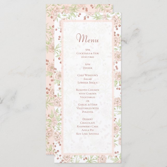 Blush Pink Roses Wedding Vintage Menus (Devant / Derrière)