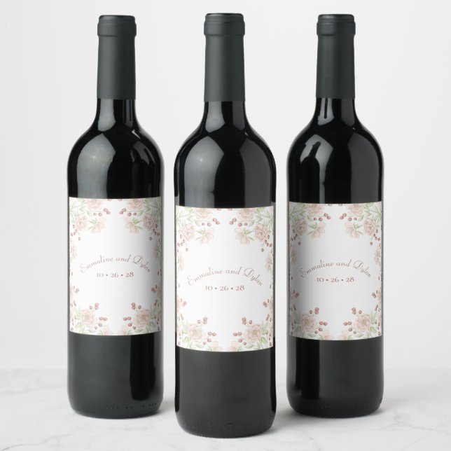 Blush Pink Roses Wedding Wine Label (Bottles)