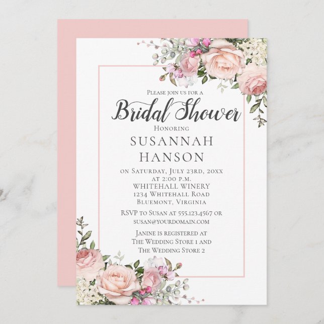 Blush Pink Roses White Hydrangeas Bridal Shower Invitation (Front/Back)