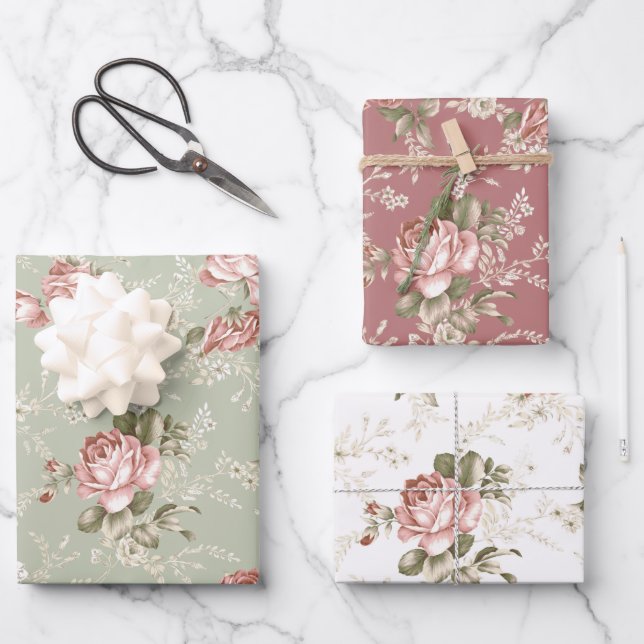 Blush Pink Roses/ White, Sage, Old Rose Background Wrapping Paper Sheet (Front)