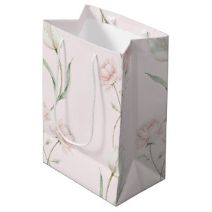 Blush Pink Roses White Tulips Bridal Shower Medium Gift Bag