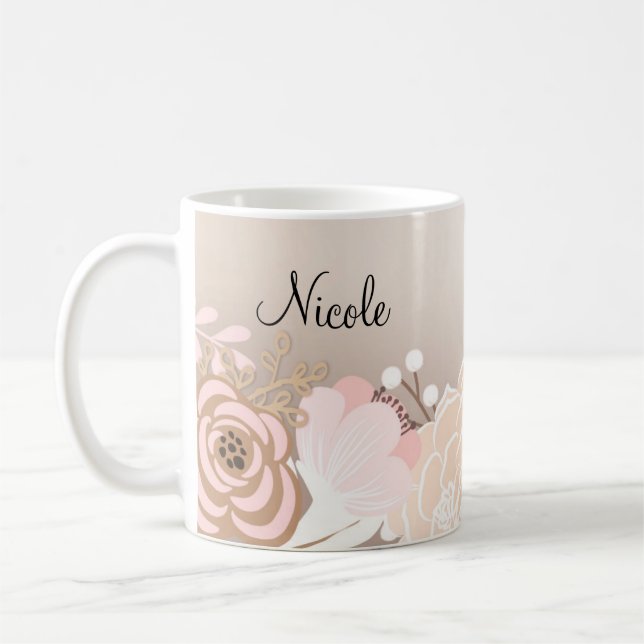 Blush Pink Rustic Glam Floral Flowers Personalized Coffee Mug (Left)