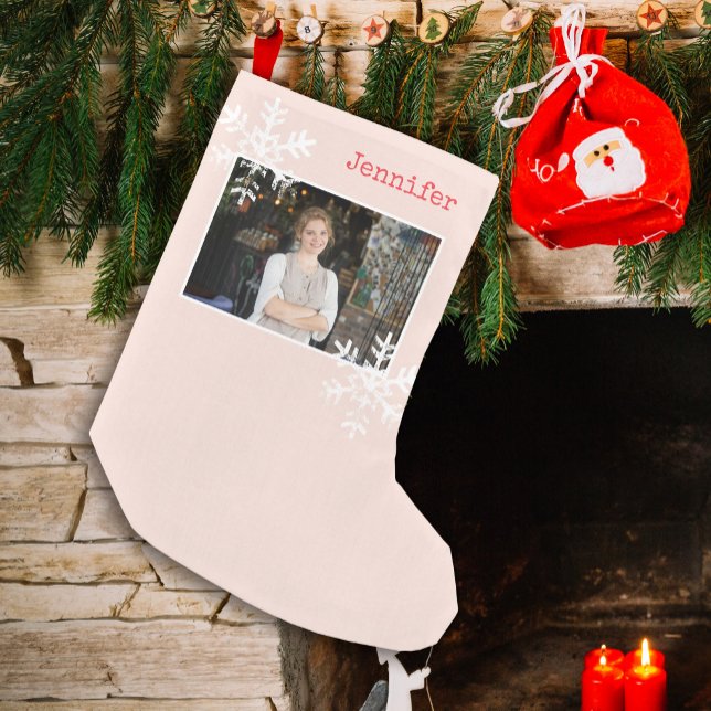 Blush Pink Rustic Snowflake Custom Photo Small Christmas Stocking (Distressed Rustic Snowflake design that can be personalized with a  photo and name monogram.)