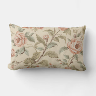 Blush Pink Sage Green Beige Shabby Chic Floral Lumbar Pillow