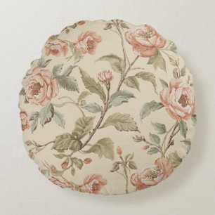 Blush Pink Sage Green Beige Shabby Chic Floral Round Pillow