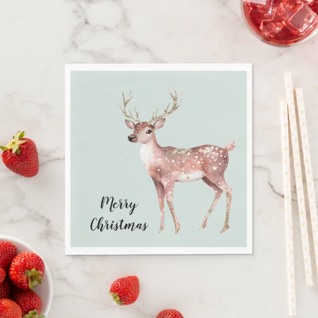 Blush  Pink Sage Green Christmas Deer Napkin (Insitu)