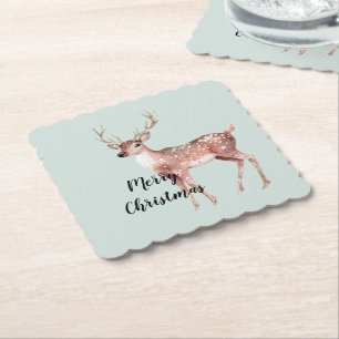 Blush Pink Sage Green Christmas Deer Paper Coaster