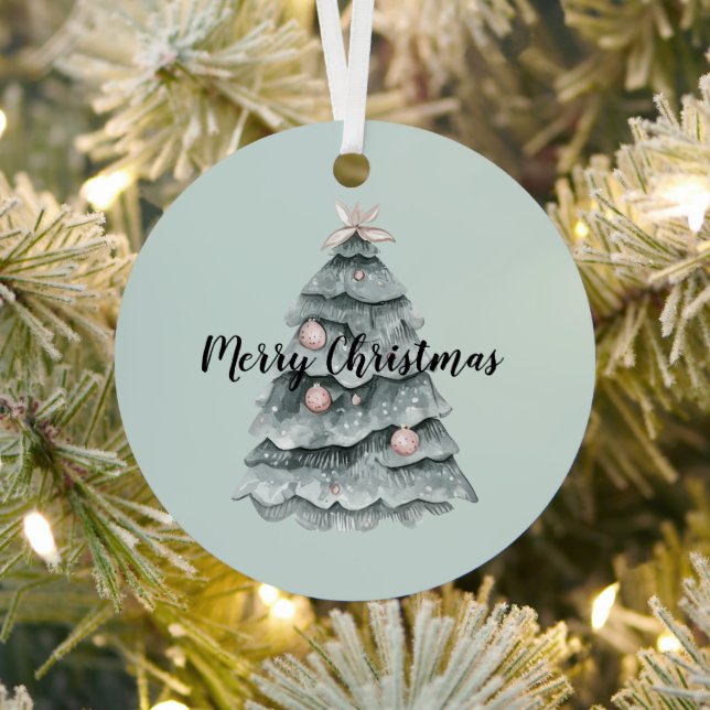 Blush  Pink Sage Green Deer Christmas Tree  Metal Ornament (Insitu)