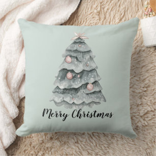 Blush Pink Sage Green Deer Christmas Tree Throw Pillow