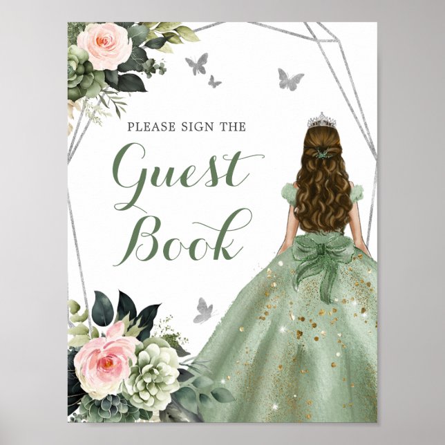 Blush pink Sage Green Floral 15 Años Guest Book (Front)