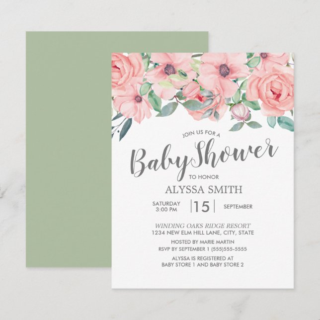 Blush Pink Sage Green Floral Baby Shower Invitation (Front/Back)