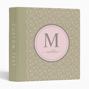 Blush Pink Sage Green Girly Monogram Leaf Pattern Binder