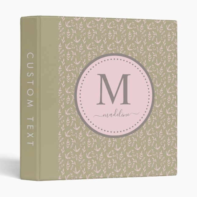 Blush Pink Sage Green Girly Monogram Leaf Pattern Binder (Front/Spine)