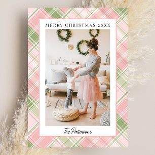 Blush Pink & Sage Green Plaid Photo Christmas Holiday Card