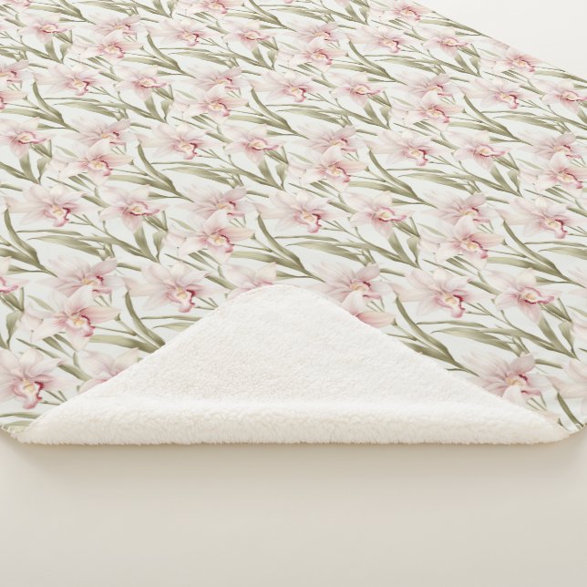 Blush Pink & Sage Orchid Flowers Sherpa Blanket (3/4)