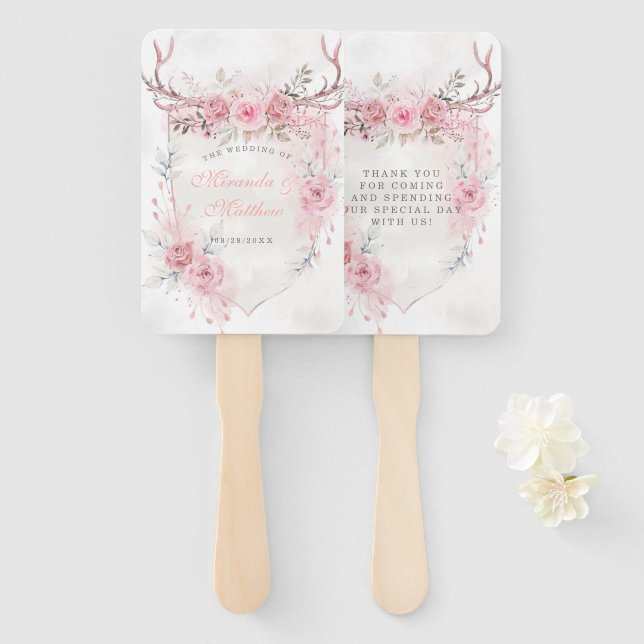Blush Pink Sage Peony Deer Antlers Wedding  Hand Fan (Front and Back)