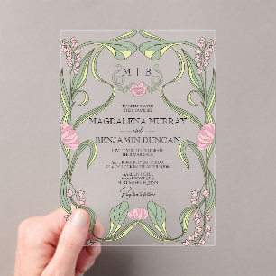 Blush Pink Sage Vintage Art Nouveau Floral Wedding Acrylic Invitations