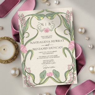 Blush Pink Sage Vintage Art Nouveau Floral Wedding Invitation