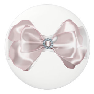Blush Pink Satin Bow Ribbon & Diamonds Elegant Ceramic Knob