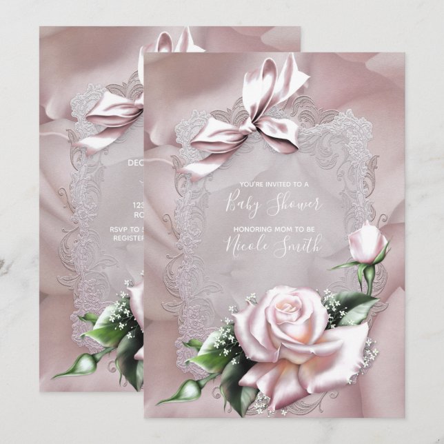 Blush Pink Satin Bow & Rose Lacy Baby Shower Invitation (Front/Back)