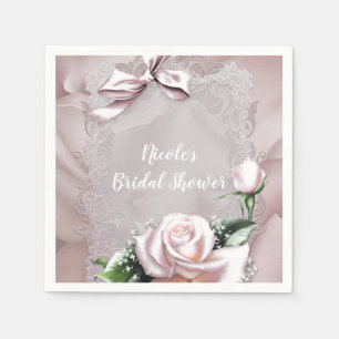 Blush Pink Satin Bow & Rose Romantic Floral Napkin