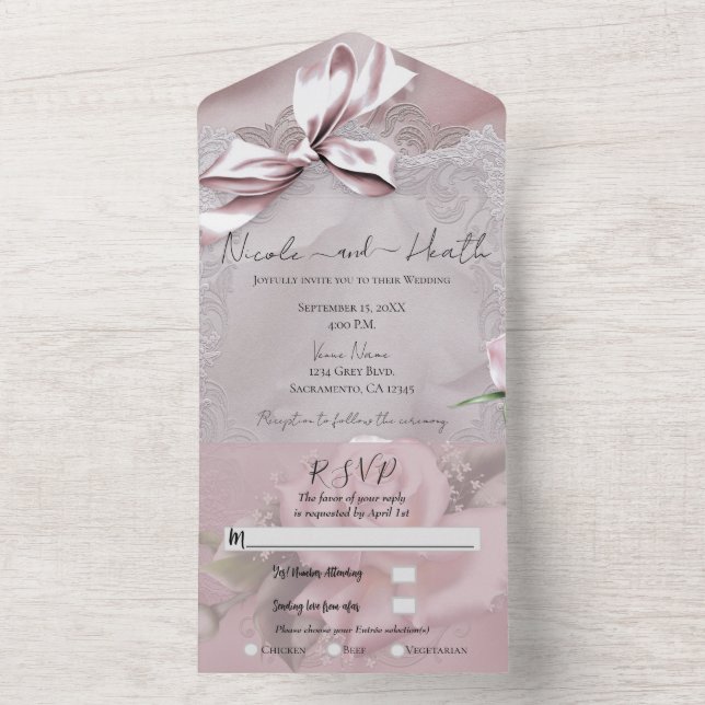 Blush Pink Satin Bow & Rose Romantic Wedding Photo All In One Invitation (Inside)