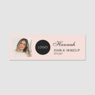 Blush Pink Script Logo Photo Hair Makeup Name Tag