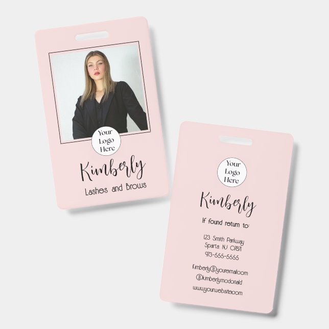Blush Pink Script Logo Photo Lashes and Brows Badge (Front & Back)