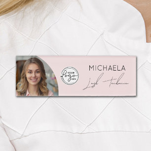 Blush Pink Script Logo Photo Lashes Technician Name Tag