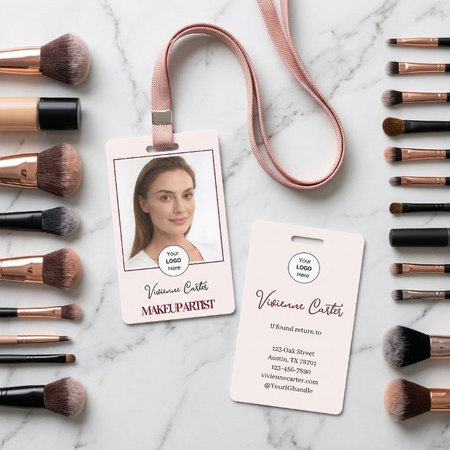 Blush Pink Script Logo Photo Makeup Badge (Makeup Artist Lanyard Employee Badge with Photo)