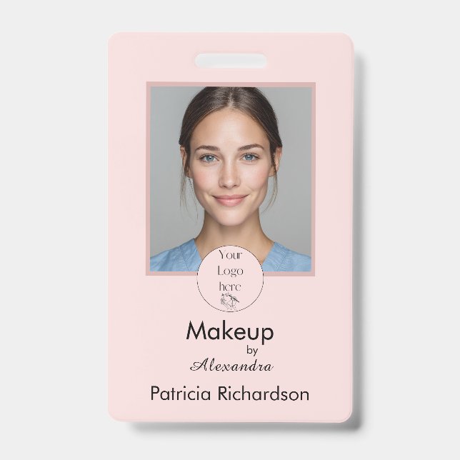 Blush Pink Script Logo Photo Makeup Employee Badge (Front)